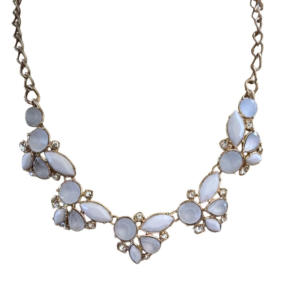 Gold Tone White Iridescent Faux Stone Bib Statement Necklace Rhinestone Accents